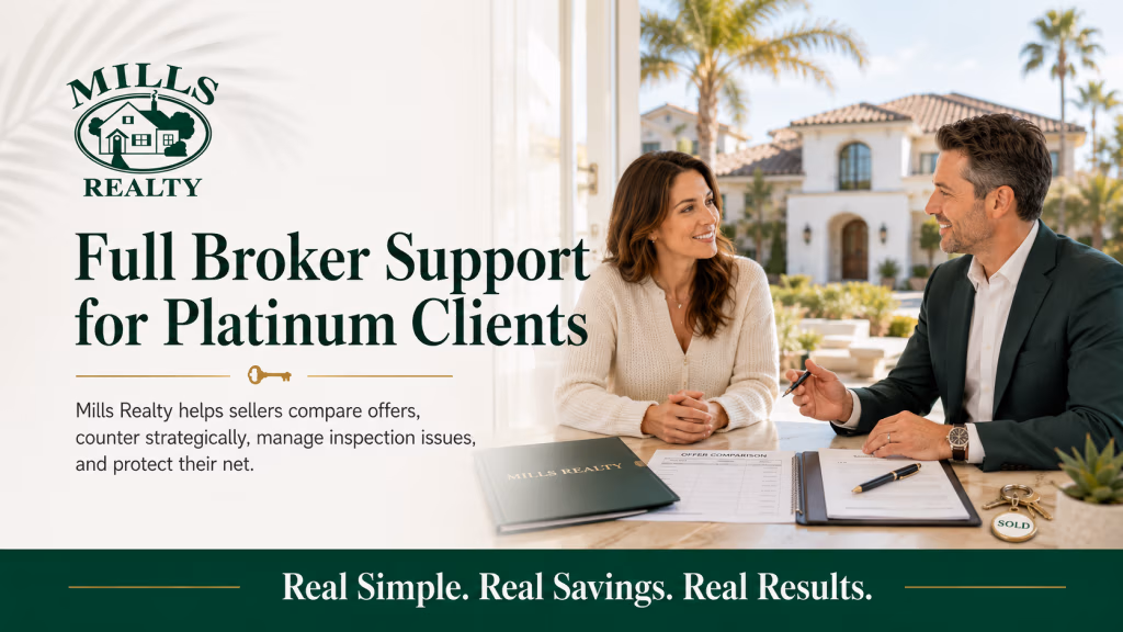 Full broker support for Mills Realty Platinum clients including offer review counteroffers and negotiation
